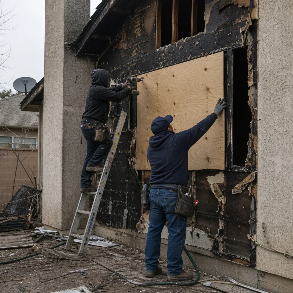 Technicians performing professional fire damage board-up services on a home