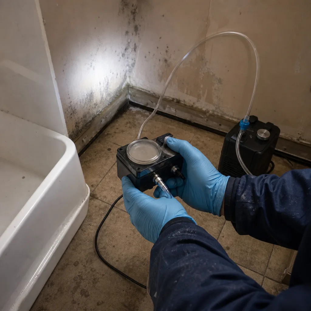 Professional performing air quality testing during residential mold remediation