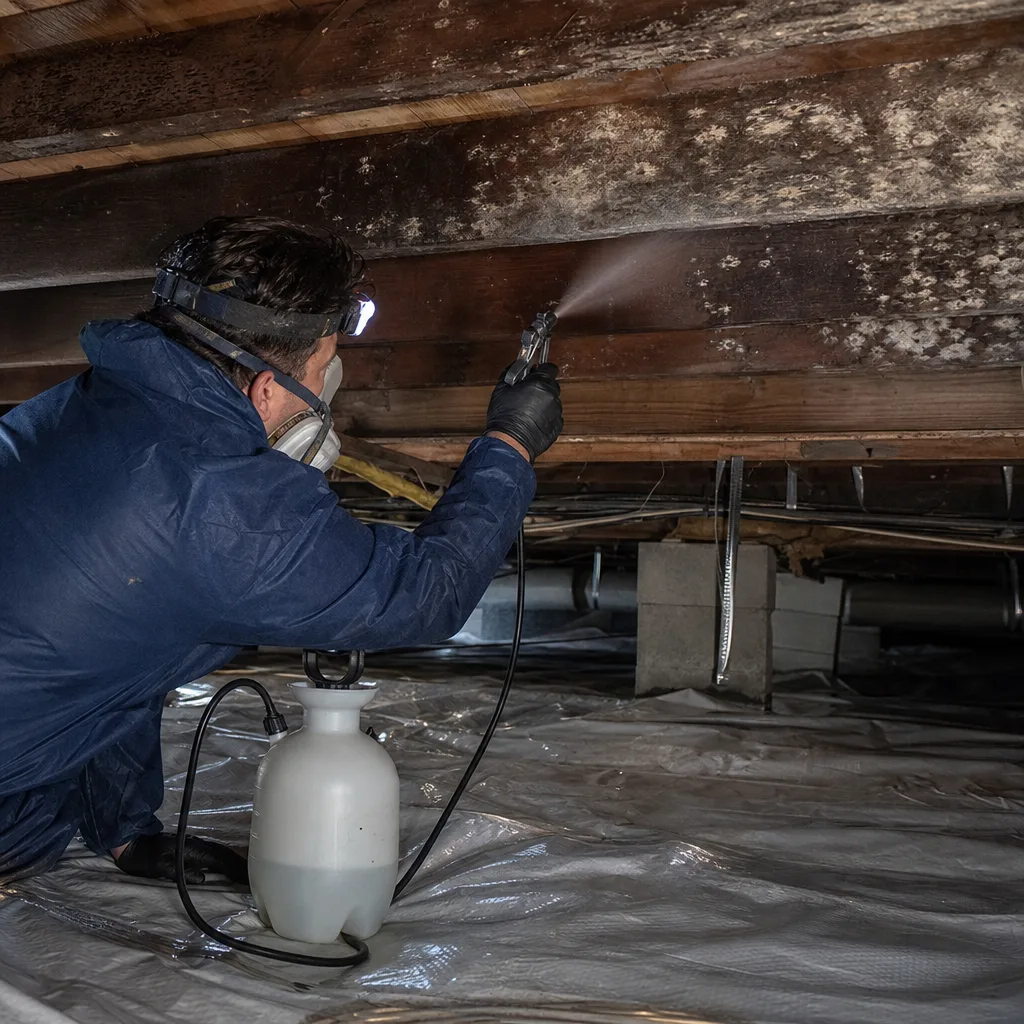 Technician in protective gear performing professional mold remediation in a crawl space