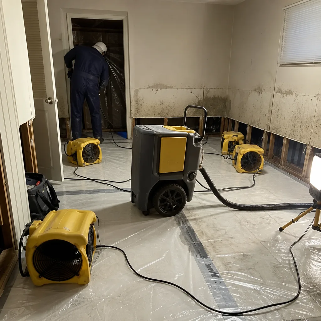 Water damage restoration technician using industrial drying equipment in a residential room