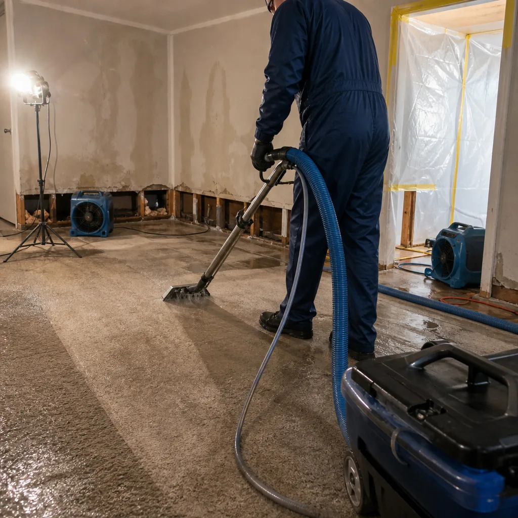 Professional technician performing water damage restoration extraction on carpeted floor.